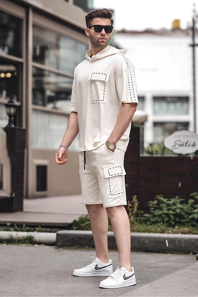 Madmext Set pantaloni scurți cu glugă, cu buzunar, ecru 5941