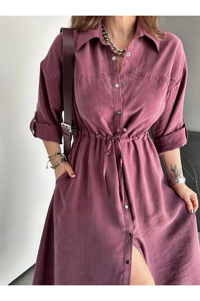 EGZOTİK ASORTİK Rochie cămașă cu detaliu de piatră adunată în talie