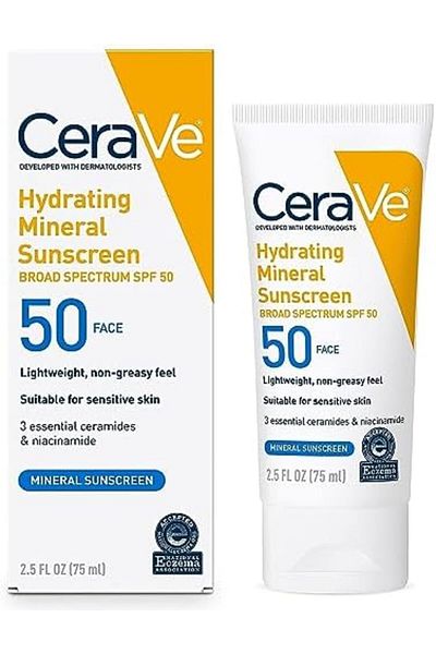 CeraVe واقي شمس معدني 100% للوجه بعامل حماية 50 - أكسيد الزنك وثاني أكسيد التيتانيوم للبشرة الحساسة، 2.5 أونصة
