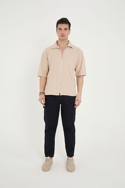 RELAXL 100% Cotton Tapered Fit Pleated Men's Gabardine Navy Blue Cargo Trousers