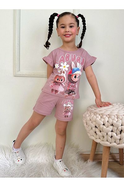 LİLLYPİCCA Girl's Labubu Character Patterned Ruffle Gathered Bottom Top Set