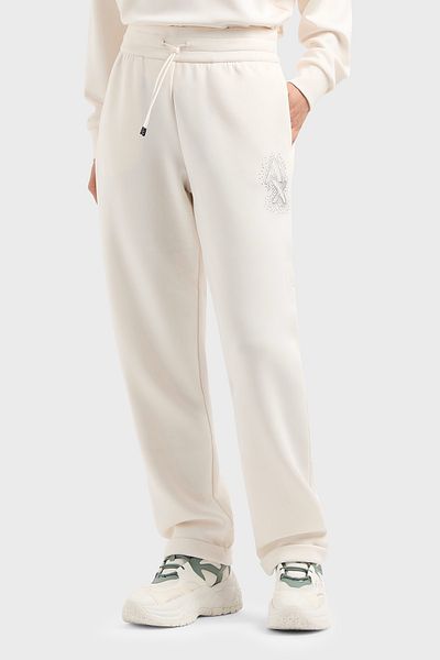 Armani Exchange Women's Regular Fit Waist Elastic Band and String Tie Rhinestone Embroidered Ax Logo Straight Leg White