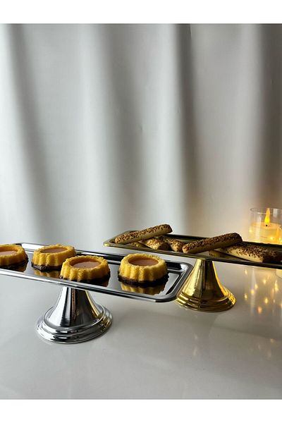 Moon Dizayn 2-Piece Silver Rectangular, Stylish Cake, Pastry, Cookie and Dessert Serving Presentation Stand with Legs