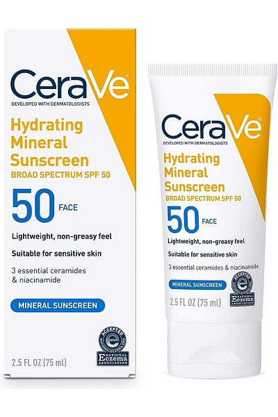 CeraVe واقي شمس معدني 100% للوجه بعامل حماية 50 - أكسيد الزنك وثاني أكسيد التيتانيوم للبشرة الحساسة، 2.5 أونصة