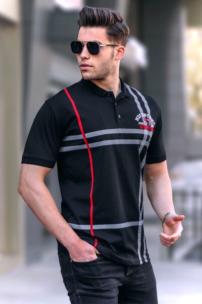 Madmext تي شيرت أسود منقوش بياقة بولو للرجال 5872