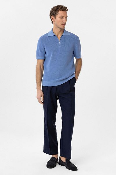 Antioch Blue Zippered Woven Men's Knitwear Polo Neck T-Shirt