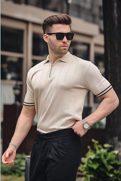 Madmext Steinfarbenes Herren-T-Shirt mit Polokragen und Reißverschluss - 6876