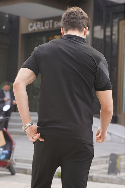 Madmext Schwarzes gemustertes Herren-T-Shirt mit Polokragen 6081