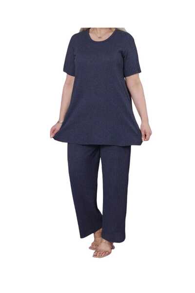 latal Kadın Büyük Beden Lacivert Ribanalı İkili Pijama Takımı–Rahat Kalıp,Kısa Kollu Üst
