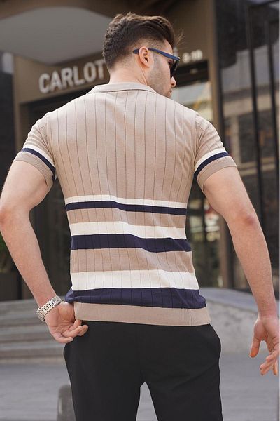 Madmext Gestreiftes Strick-T-Shirt mit Polokragen in Nerzfarbe 6356