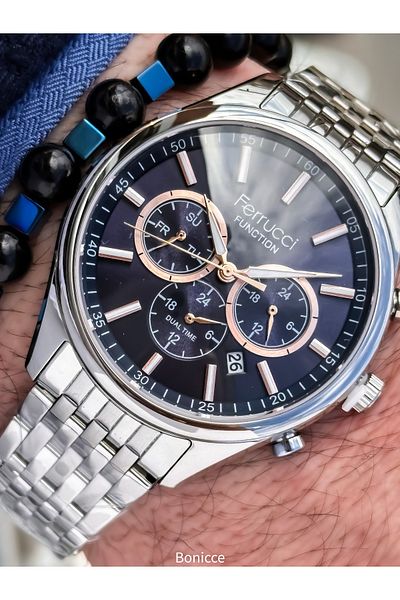 Ferrucci Silver-Navy Blue,Functions Active,Steel Cord, Men's Wristwatch Bracelet in Gift Box