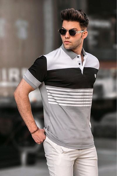 Madmext Grau lackiertes T-Shirt mit Polokragen und Streifen für Herren 5865