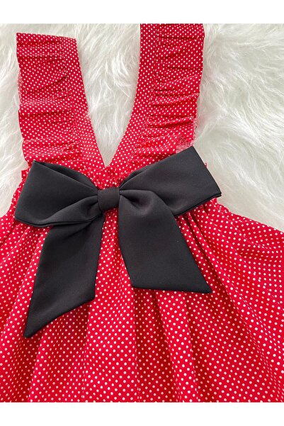 Eylülce Butik Girl's Red Polka Dots Bow Ruffle Strap Salopet Dress (100% Cotton Fabric)