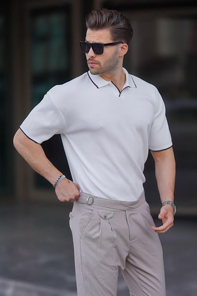 Madmext Herren Strick-T-Shirt - Weißer Polokragen, Kurzarm - 6900