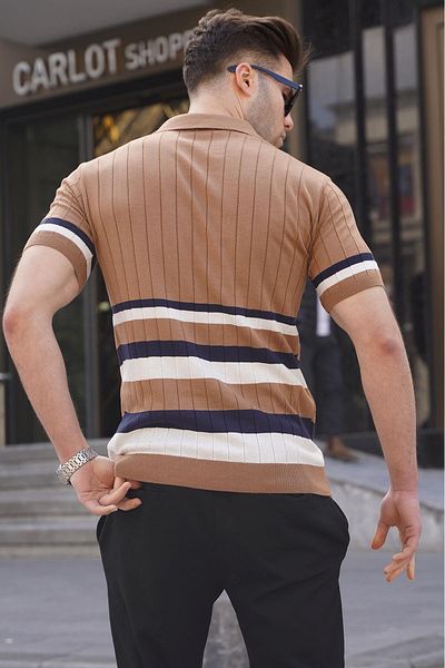 Madmext Μπλουζάκι με ριγέ πλεκτό μουστάρδα γιακά πόλο 6356