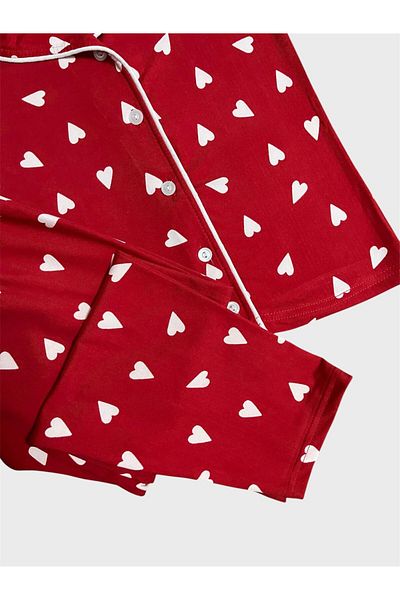 tusem butik homewear طقم بيجامة بناتي مصنوع من القطن بنسبة 100% على شكل قلب أحمر وياقة قميص وأكمام قصيرة وأزرار