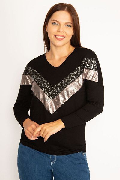 Şans Women's Large Size Black Lame Front V-Neck Blouse 65n34483