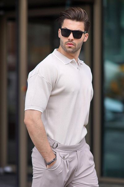 Madmext Polokragen, steinfarben, Strick-T-Shirt für Herren – kurzärmlig 6900