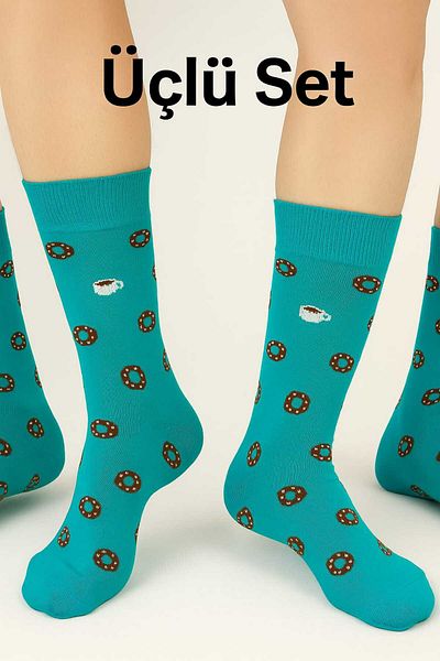 BS Parıltı Turquoise Blue Donut Patterned Socket Unisex Fun Socks Set (3 Pieces)