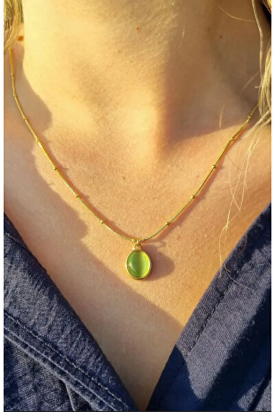 Ervalina قلادة من الفولاذ بالحجر الطبيعي باللون الأخضر البيضاوي