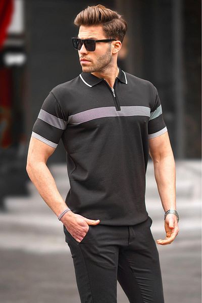 Madmext Černé pánské tričko Polo límec na zip 6879
