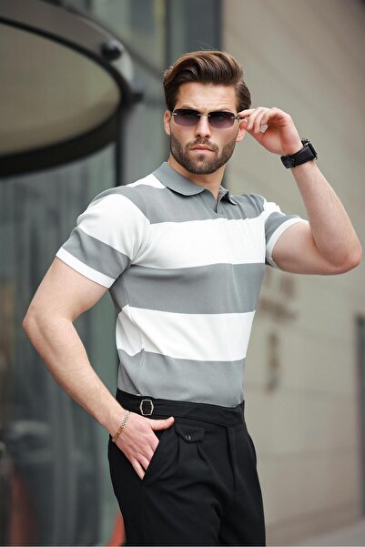 Madmext Tricou alb cu guler polo cu dungi pentru bărbați E7411