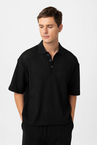 Antioch Black Polo Neck Textured Relaxed Men's T-Shirt