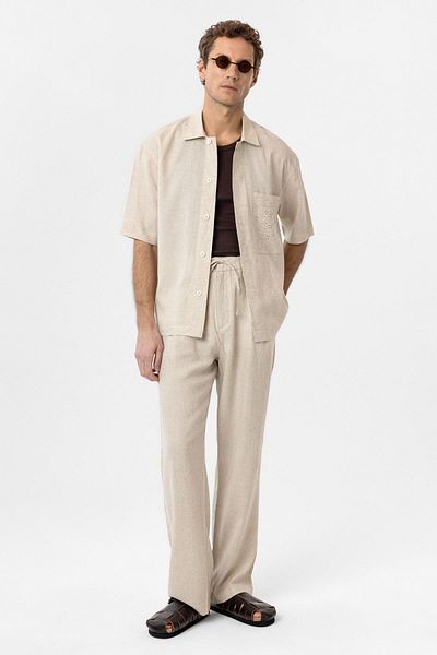 Antioch Ecru Linen Blended Short Sleeve Men's Shirt