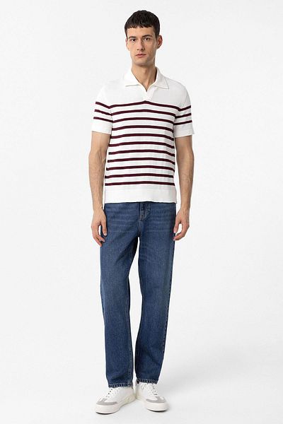 Antioch Claret Red-Ecru Polo Neck Striped Men's Knitwear T-Shirt