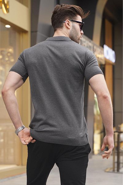 Madmext Gemustertes Strick-T-Shirt mit Polokragen in Anthrazit 6357