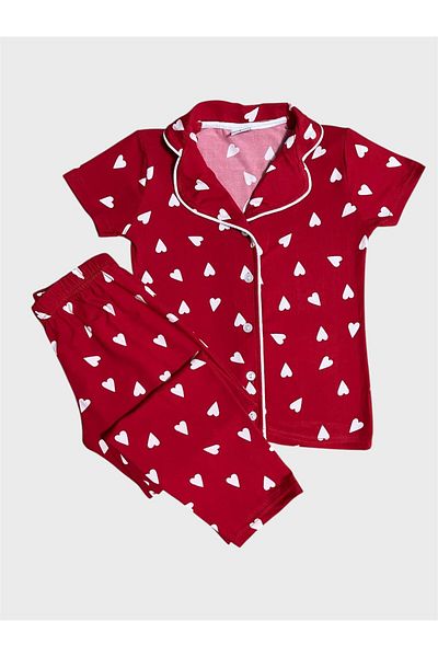 tusem butik homewear طقم بيجامة بناتي مصنوع من القطن بنسبة 100% على شكل قلب أحمر وياقة قميص وأكمام قصيرة وأزرار