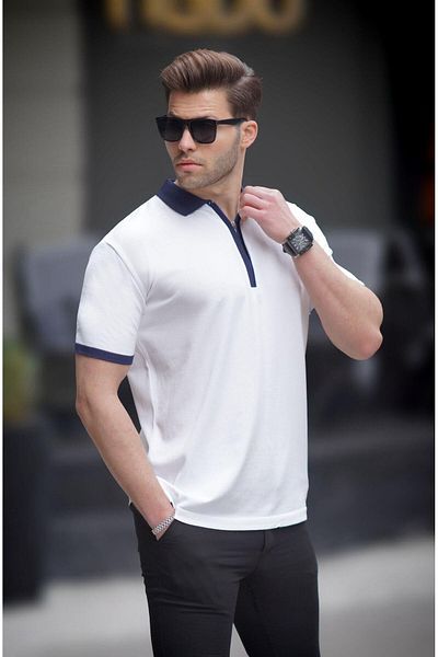 Madmext Weißes Herren-T-Shirt mit Polokragen und Reißverschluss 6880