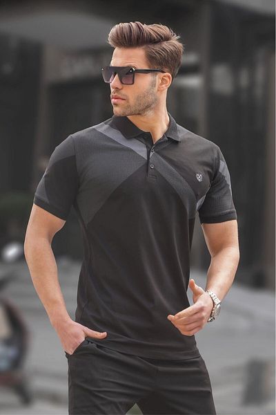 Madmext Schwarzes gemustertes Herren-T-Shirt mit Polokragen 6081