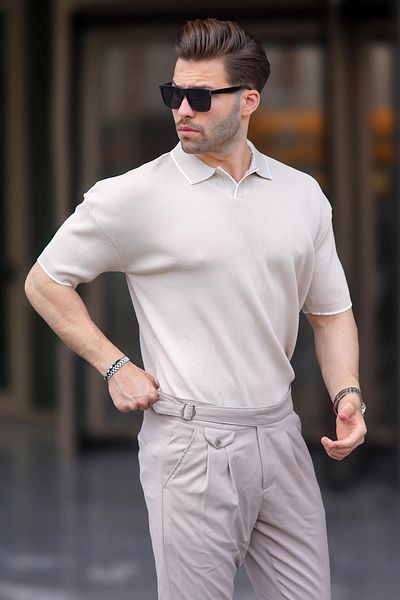Madmext Polokragen, steinfarben, Strick-T-Shirt für Herren – kurzärmlig 6900