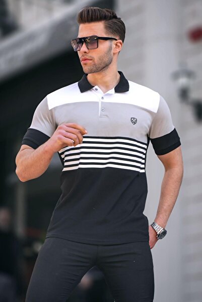 Madmext Tricou negru cu dungi cu gât polo pentru bărbați 5865