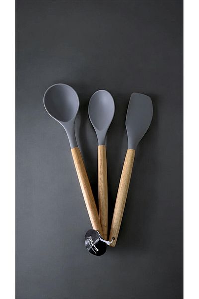Snow Homs Set of 3 Genuine Bamboo Handle Silicone Spoon Ladle Spatula Set