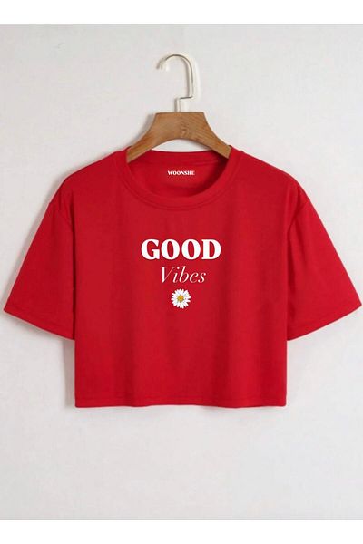 woonkey Women's Oversized Crop Good Vibes Printed Crew Neck Comfortable Fit T-Shirt