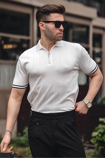 Madmext Weißes Herren-T-Shirt mit Rollkragen und Reißverschluss 6876