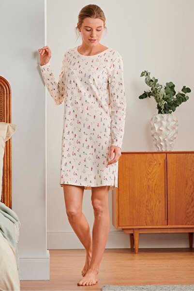 Tchibo Women Allover Print Night Dress, Cream Combo