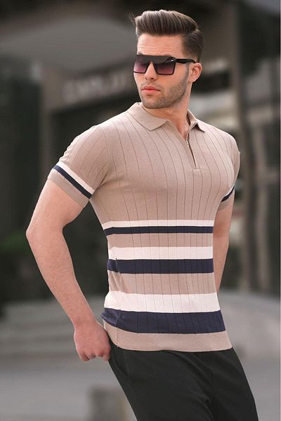 Madmext Gestreiftes Strick-T-Shirt mit Polokragen in Nerzfarbe 6356