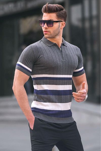 Madmext Gestreiftes Strick-T-Shirt mit Polokragen in Anthrazit 6356