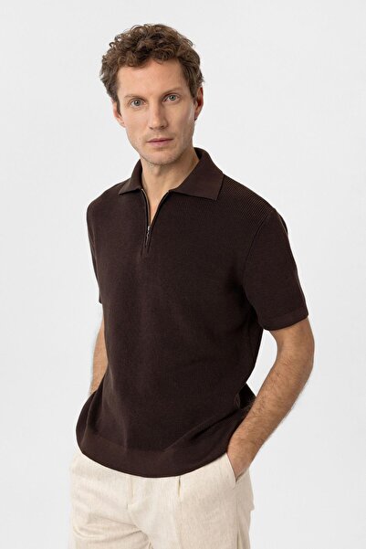 Antioch Brown Zippered Woven Men's Polo Neck Knitwear T-Shirt