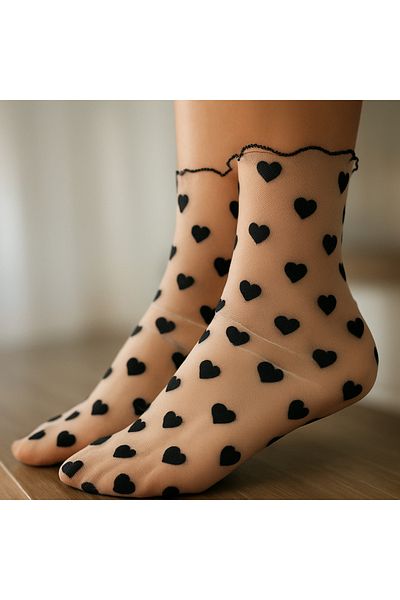DİLARRA White Tulle Socks - Black Heart Pattern