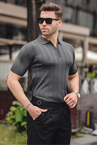 Madmext تي شيرت بولو أنثراسيت للرجال بسحاب ورقبة بولو 6355