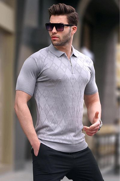 Madmext Gemustertes Strick-T-Shirt mit Polokragen in Grau 6357