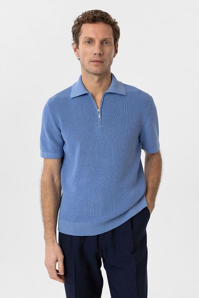 Antioch Blue Zippered Woven Men's Knitwear Polo Neck T-Shirt