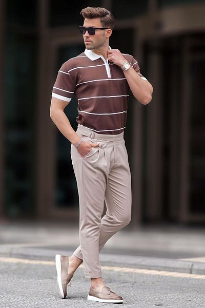Madmext Braun gestreiftes Polo-Shirt mit Reißverschluss und Rollkragen 6898