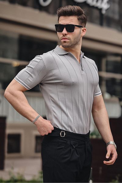 Madmext Graues Herren-T-Shirt mit Polokragen und Reißverschluss 6876