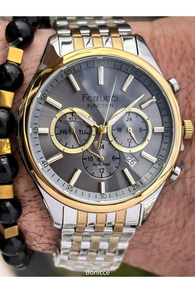 Ferrucci Silver-Yellow,Functions Active, Steel Cord, Men's Wristwatch Bracelet in Gift Box