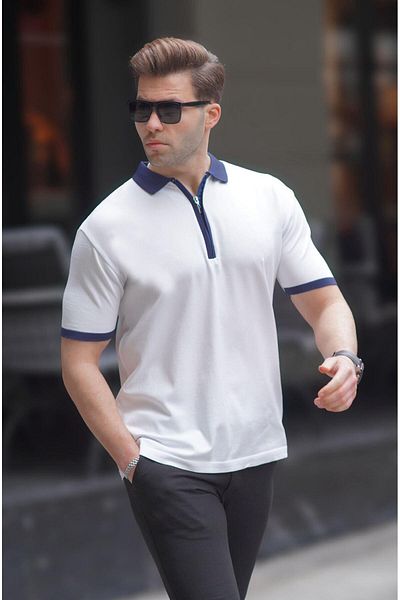 Madmext Weißes Herren-T-Shirt mit Polokragen und Reißverschluss 6880
